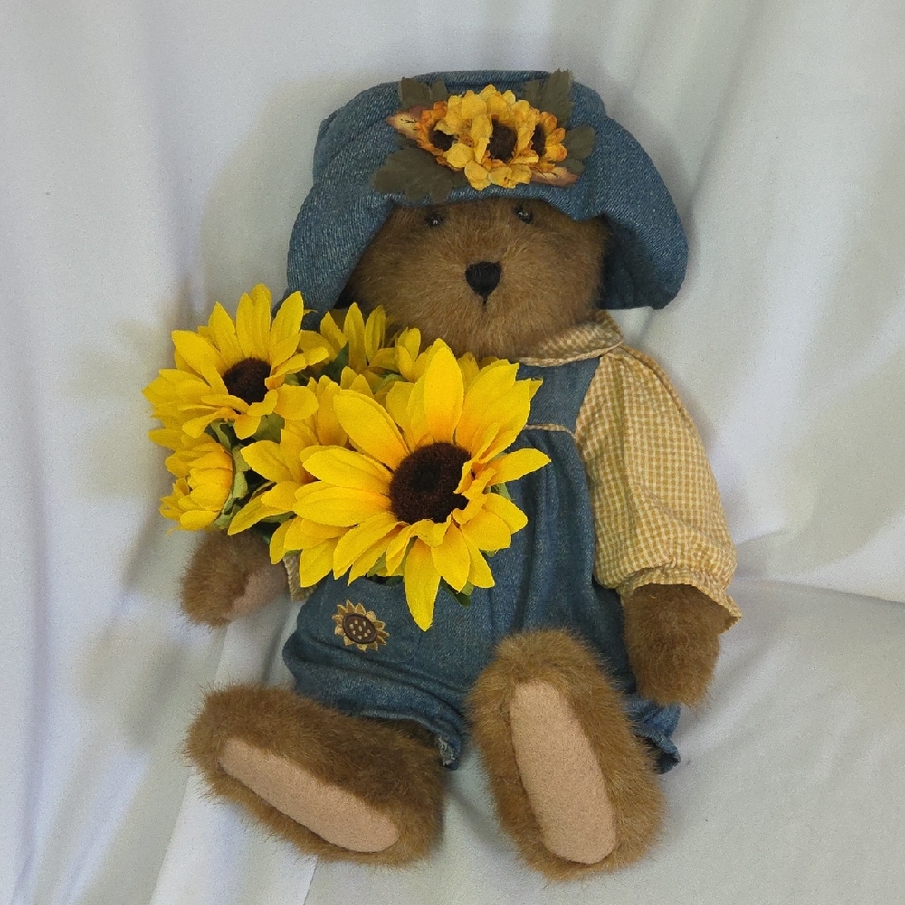 Boyds Bear with Sunflowers Vintage 1990s Denim Overalls Teddy